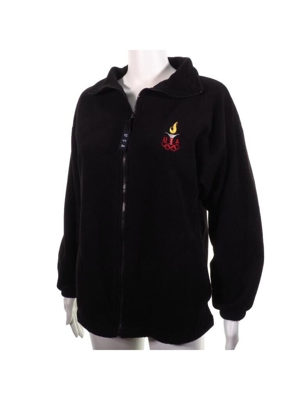 Womens Medium USA Olympics Black Zip-Up Fleece Jacket With Torch & Rings Embroid
